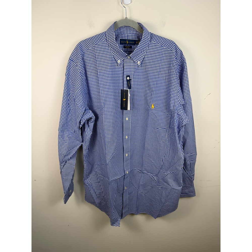 NWT Ralph Lauren XLT Gingham Stretch Button Down Shirt Blue White Long Sleeve